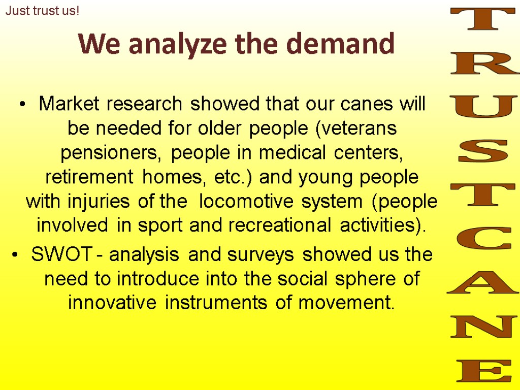 We analyze the demand TRUSTCANE Market research showed that our canes will be needed